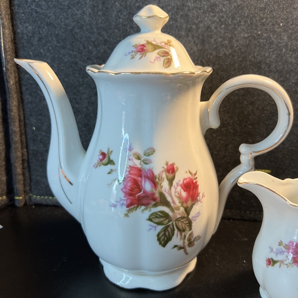 Vintage Moss Rose Teapot Cream And Sugar Set With Lids Saucer‎ Cup - Picture 3 of 13